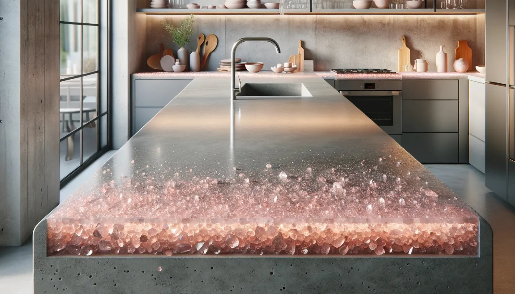 article photo for Embracing the Beauty and Energy of Rose Quartz Concrete Countertops