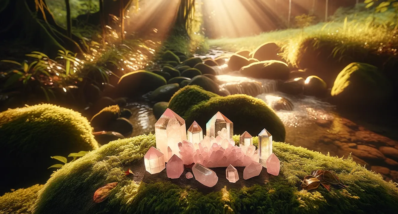 photo of rose quartz crystals in a majestic forest with sun rays