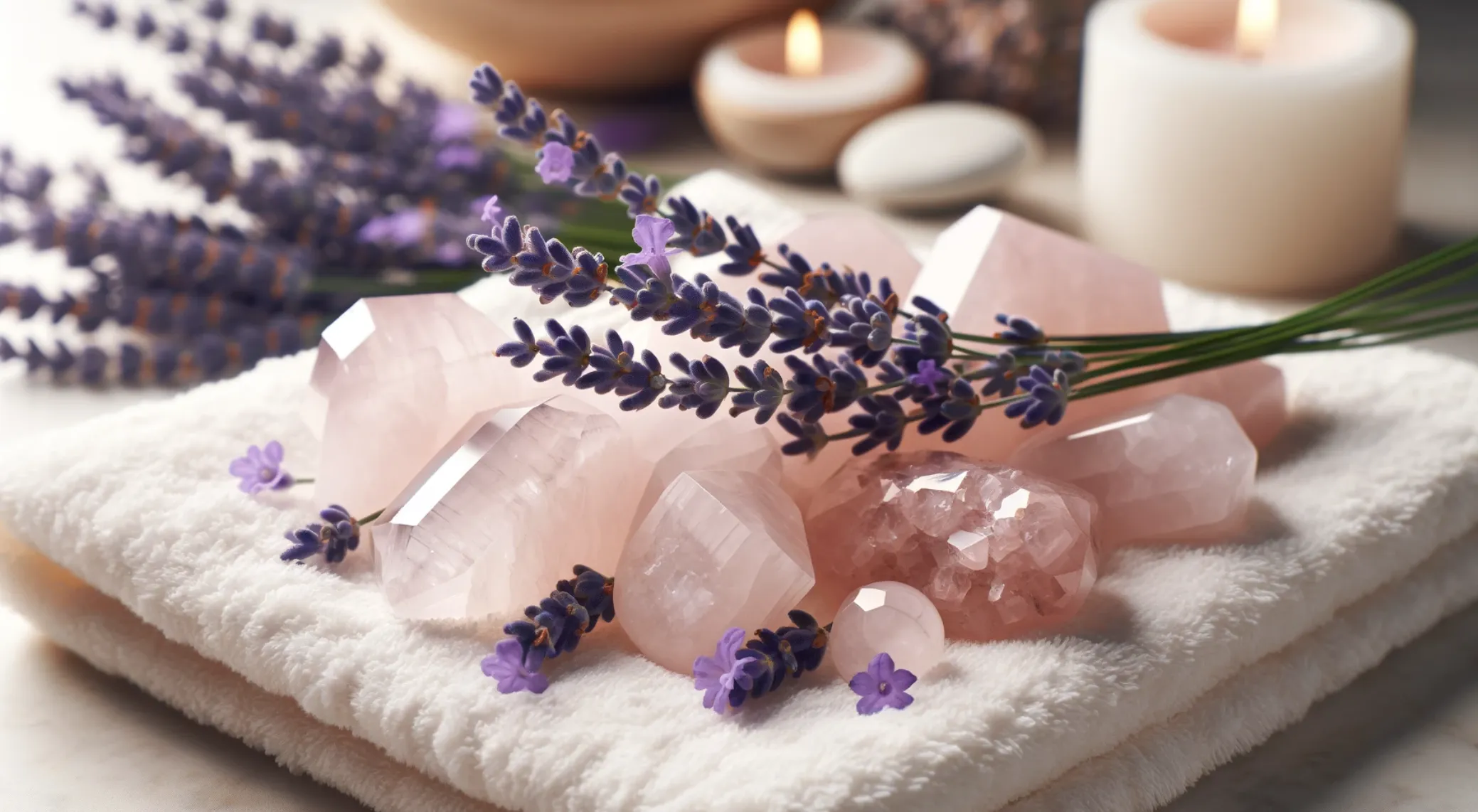 photo of rose quartz crystals with a lavender plant draped over the top