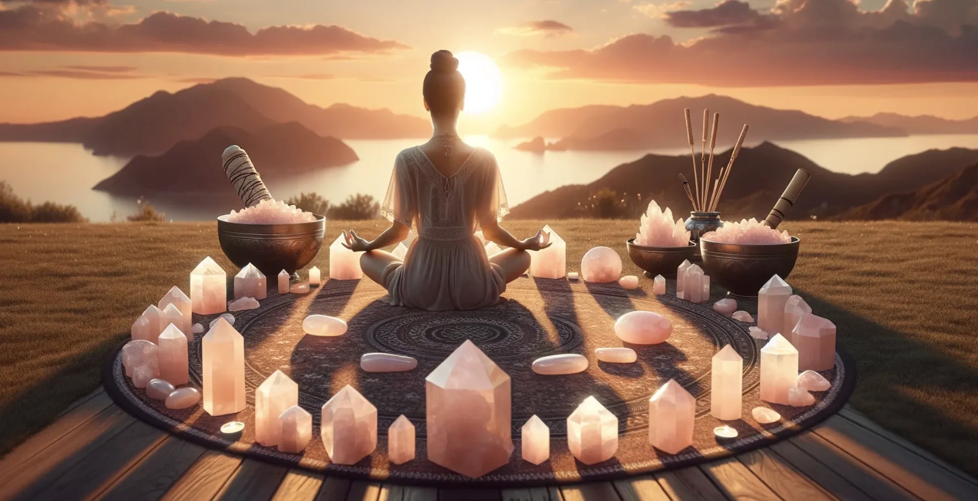 rose quartz crystals being used whilst a woman meditates