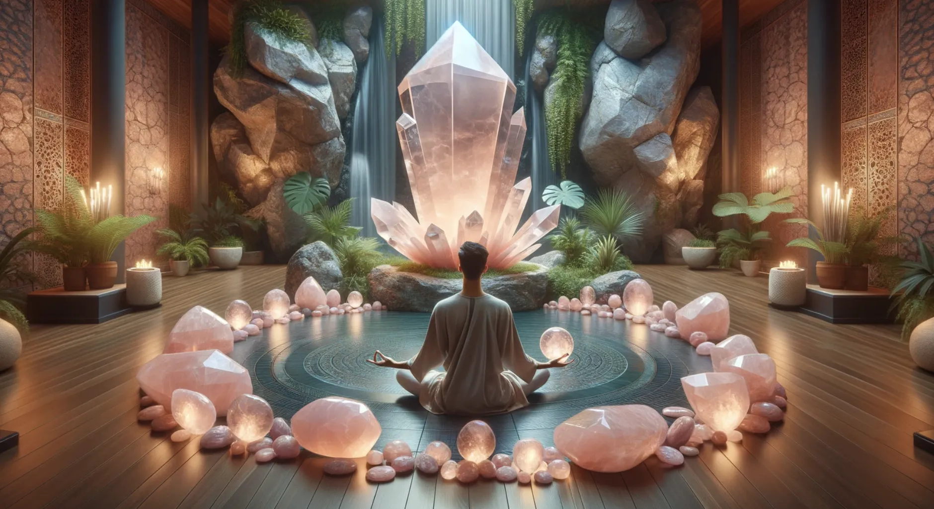 man meditating inside a template surrounded by rose quartz crystal