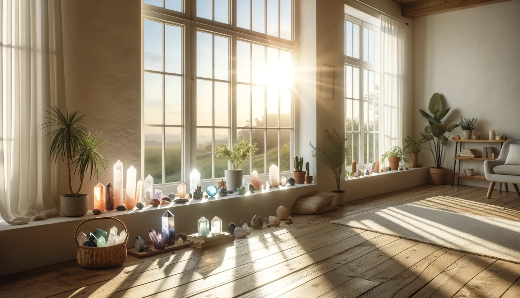 multiple healing crystals in a sun-lit room 