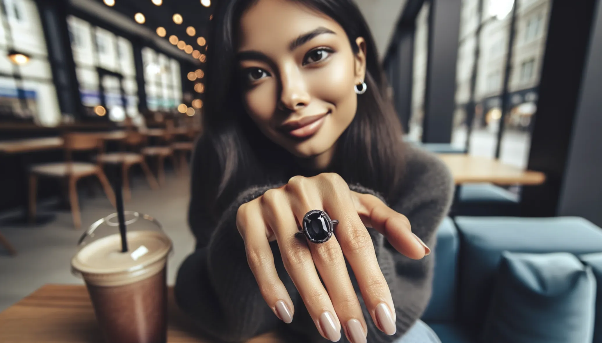 woman sat in a coffee shop showing a black tourmaline ring on her finger