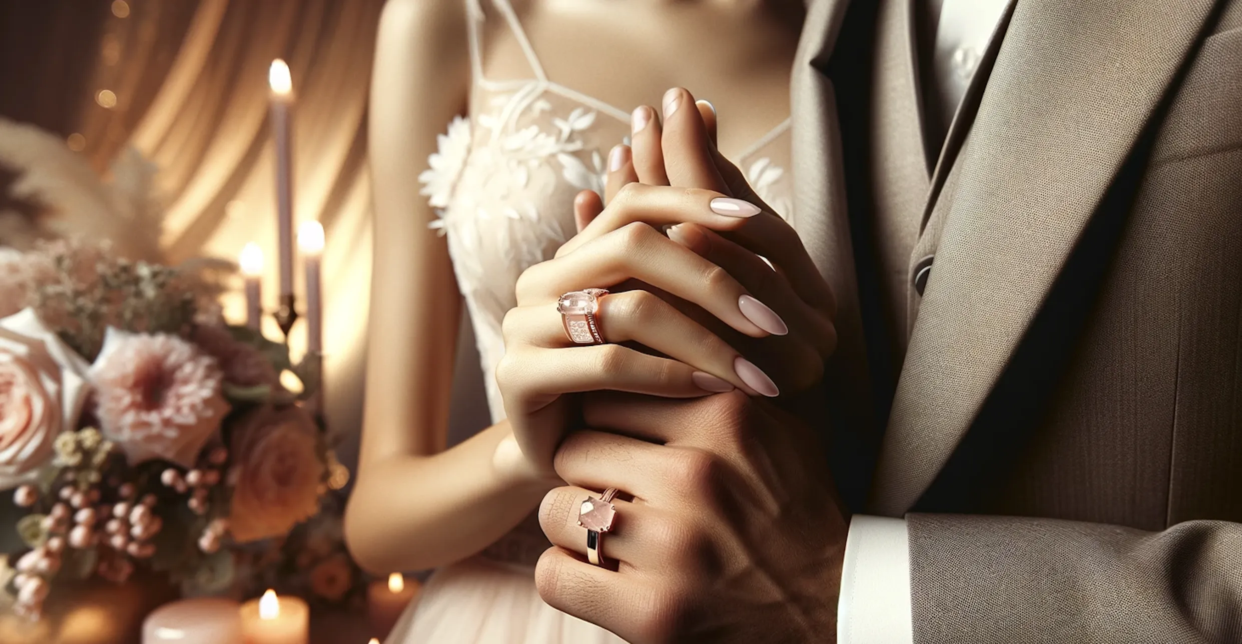 newlywed couple holding hands showing their rose quartz weddings rings