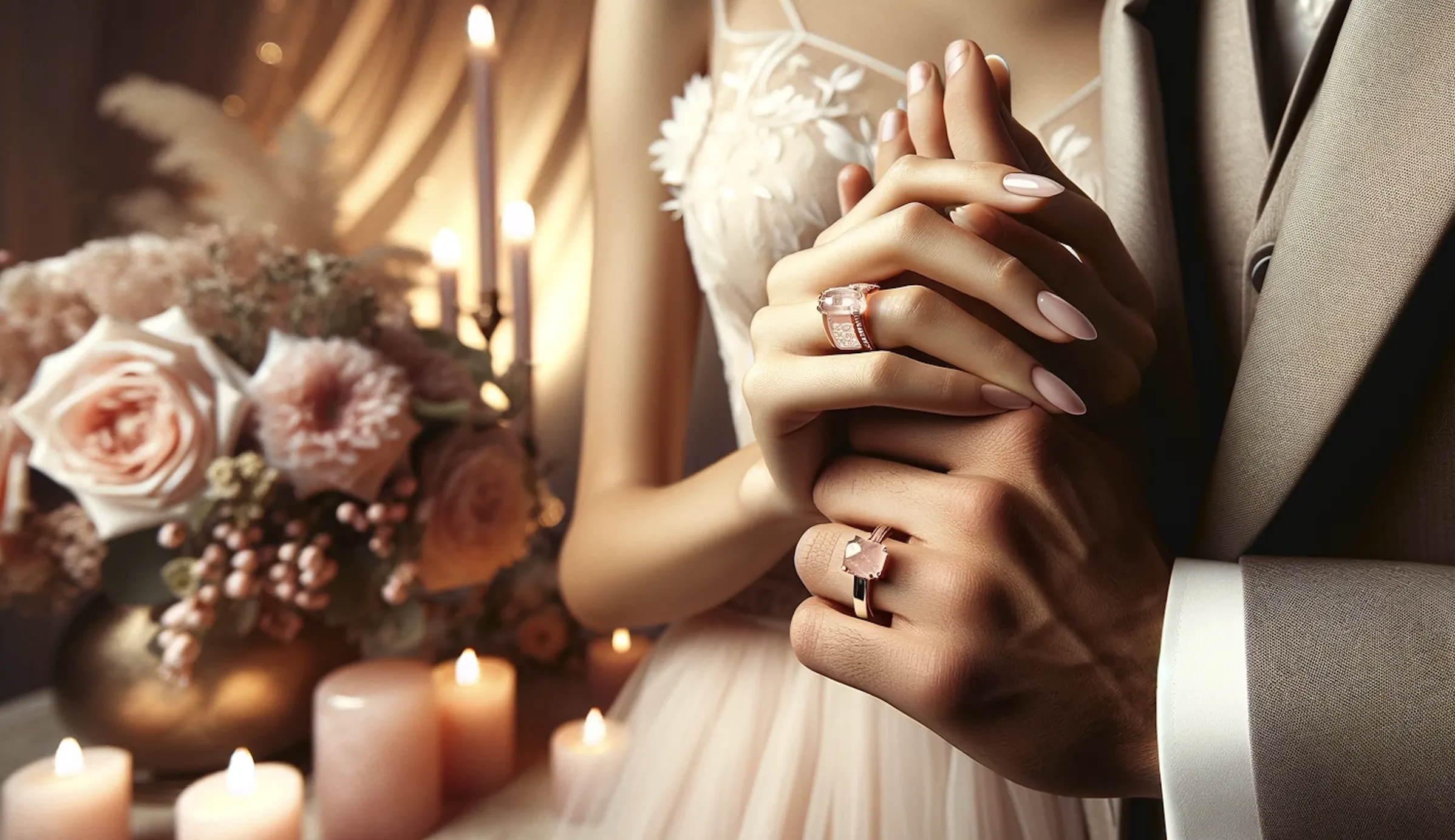 rose quartz crystal rings as a man and woman holding hands