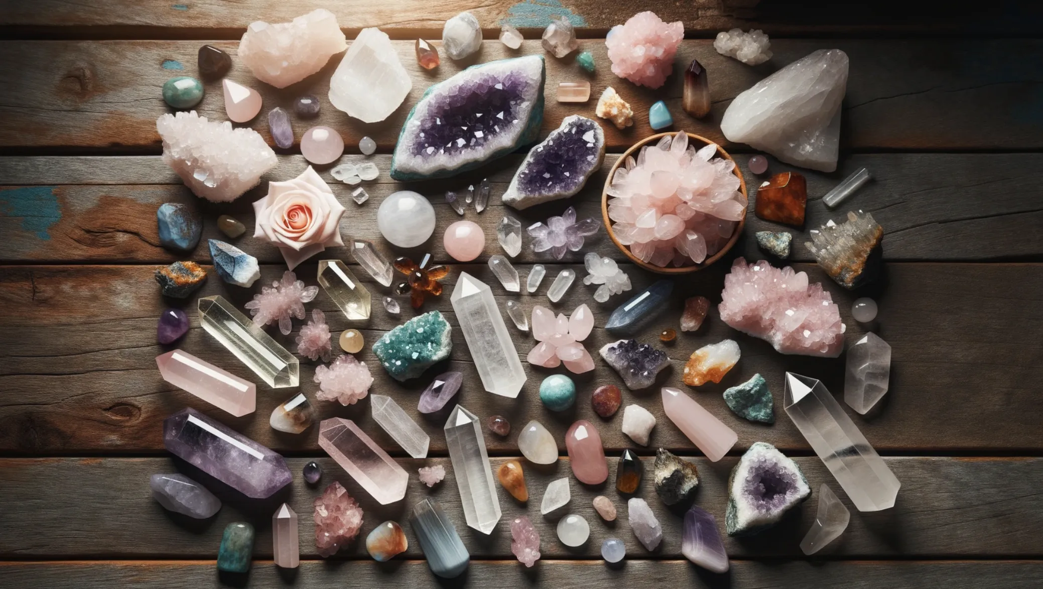 crystals on a wooden table
