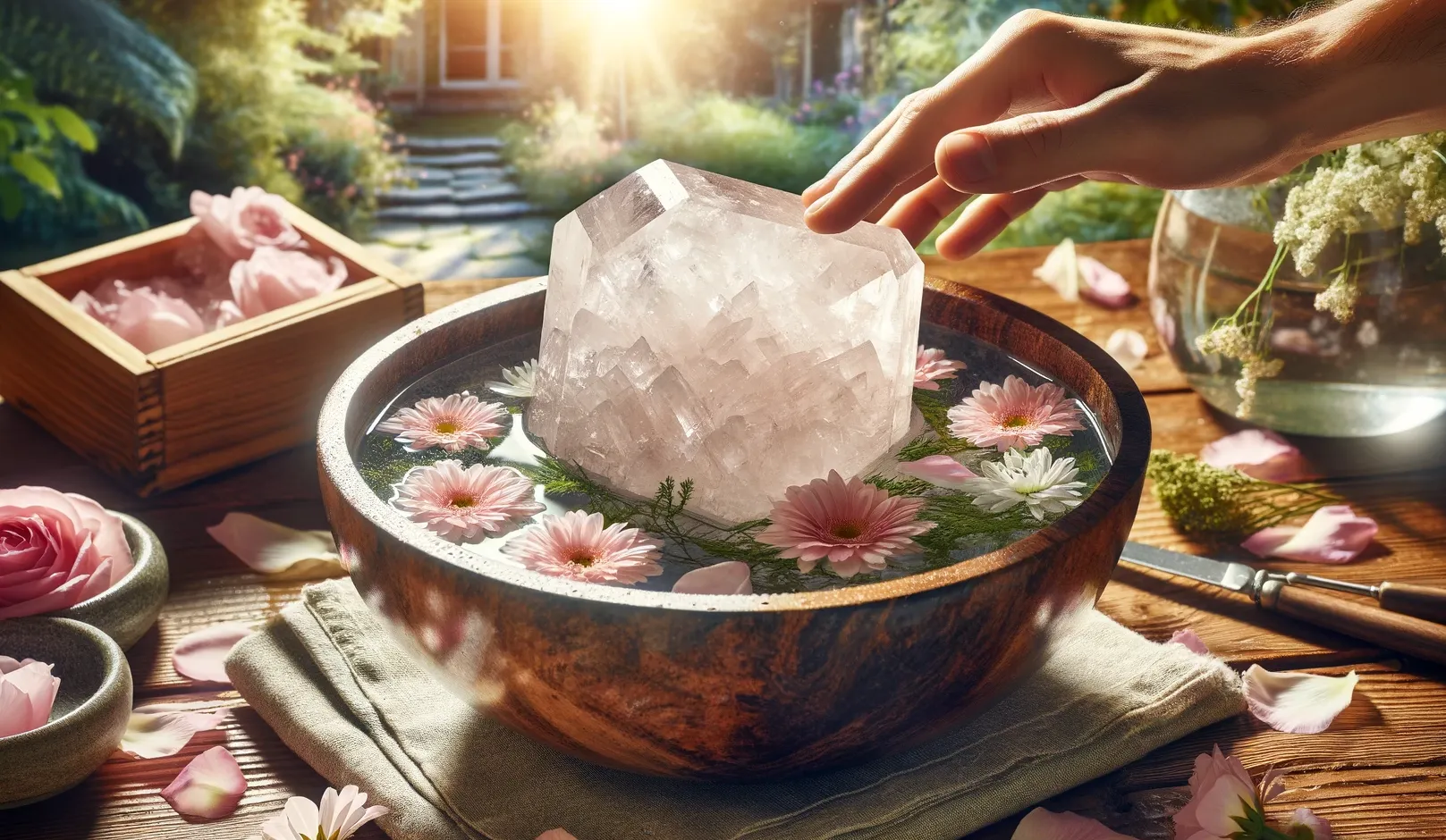 rose quartz crystal being cleaned in a flower filled wooden bowl