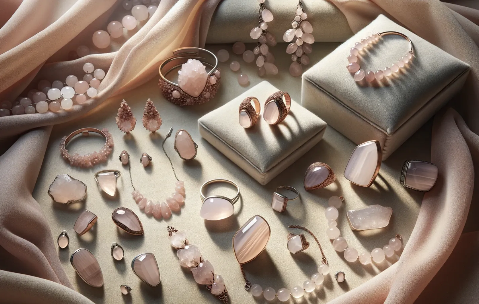 selection of various different pieces of rose quartz jewellery