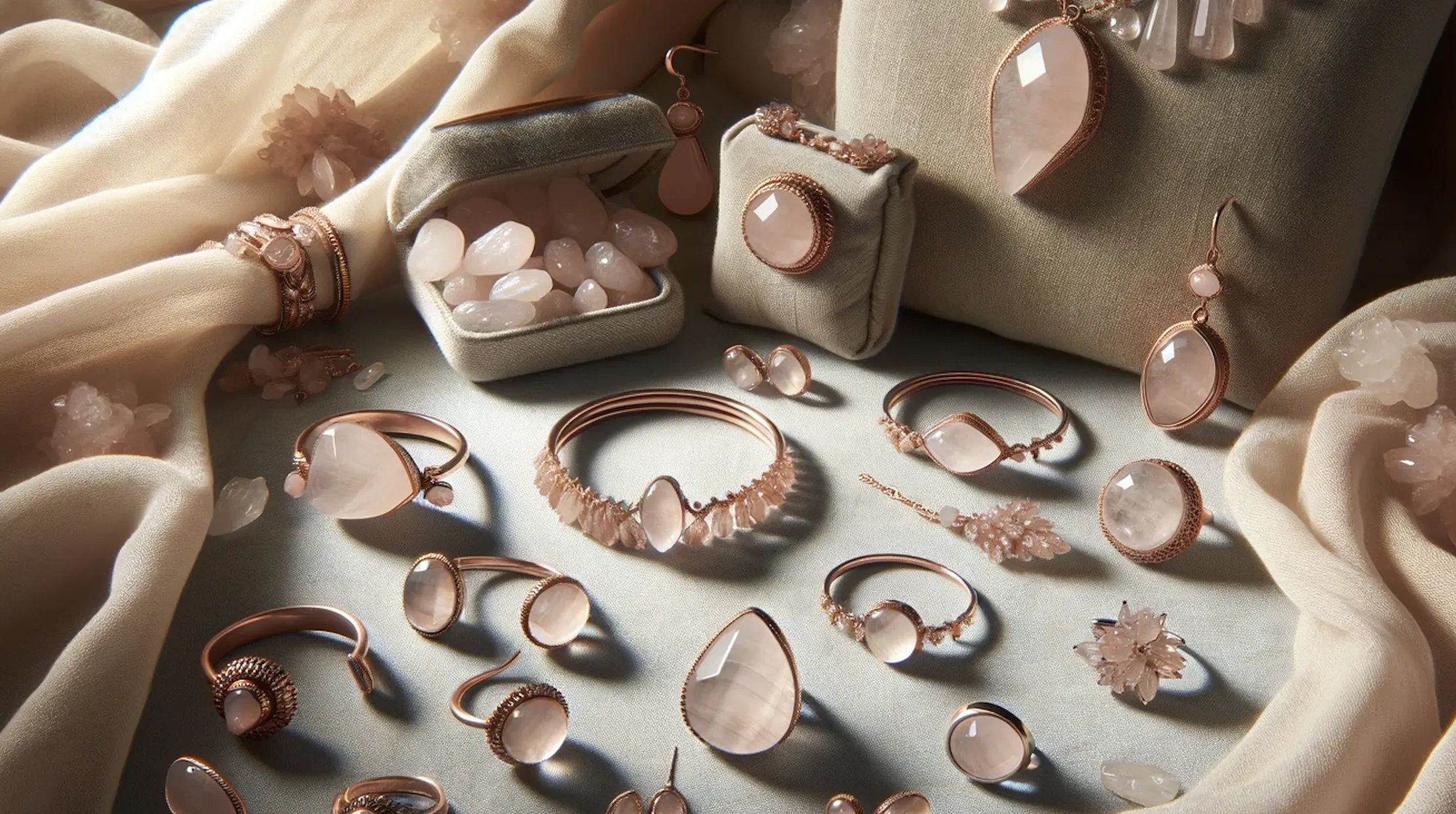 selection of different types of female rose quartz jewellery