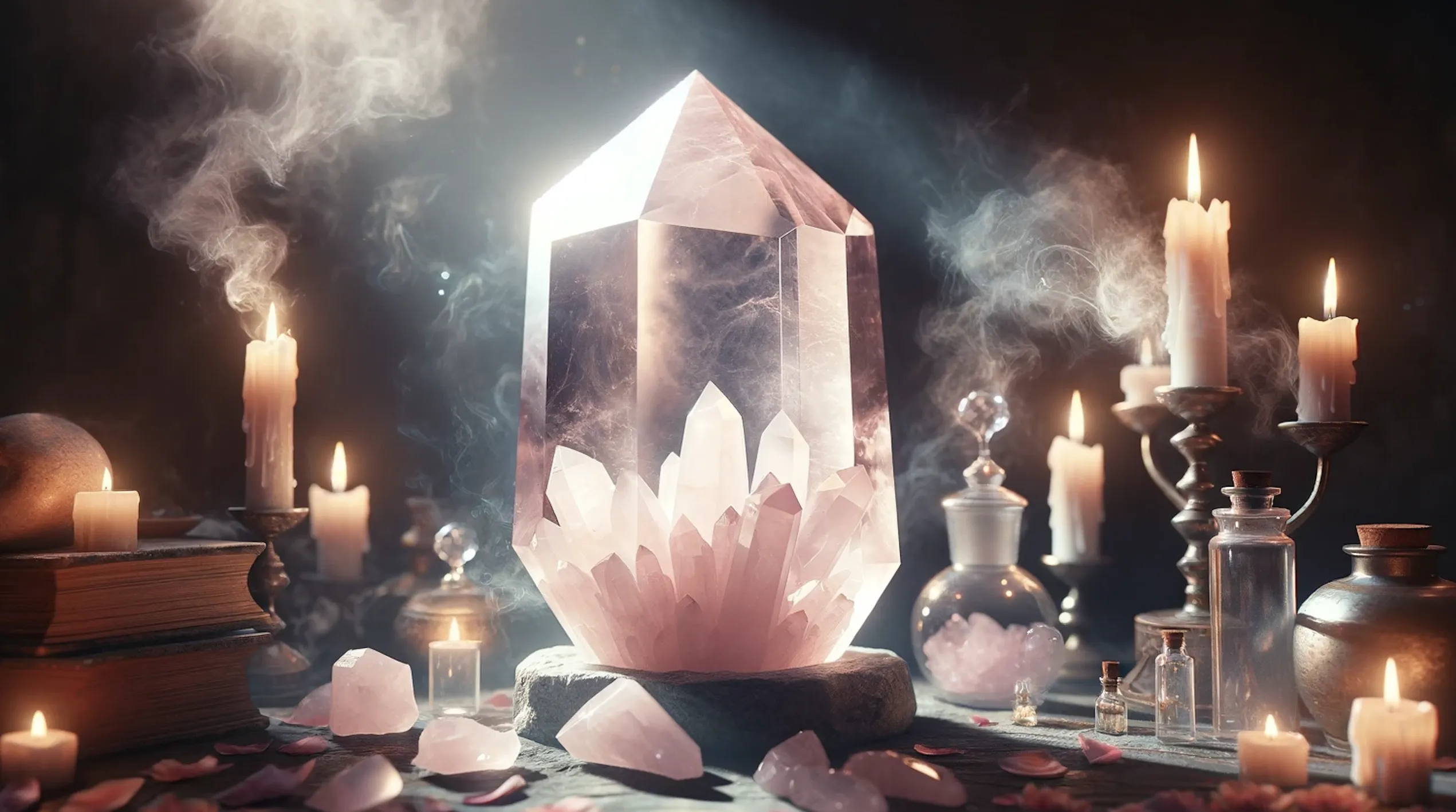 large rose quartz crystal with amongst smoke from lit candles