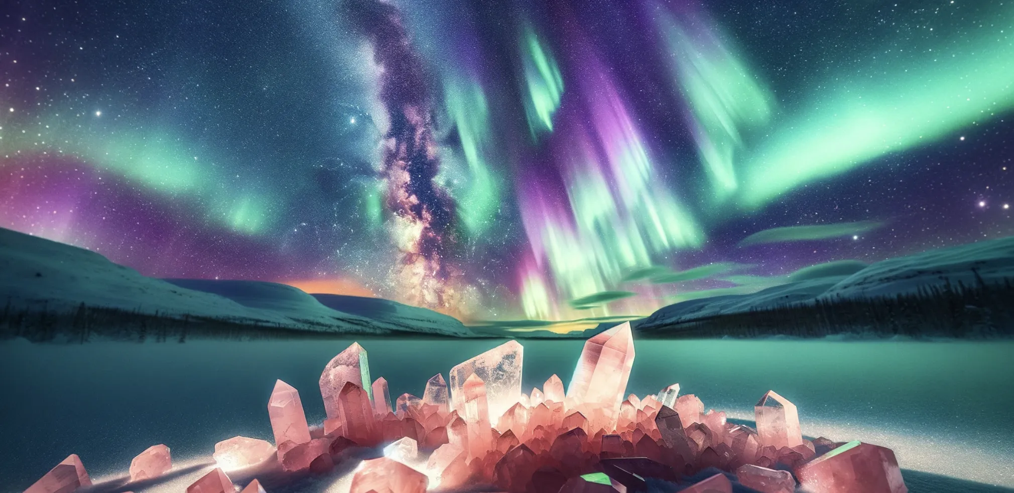 Rose Quartz Crystals below the Aurora Borealis