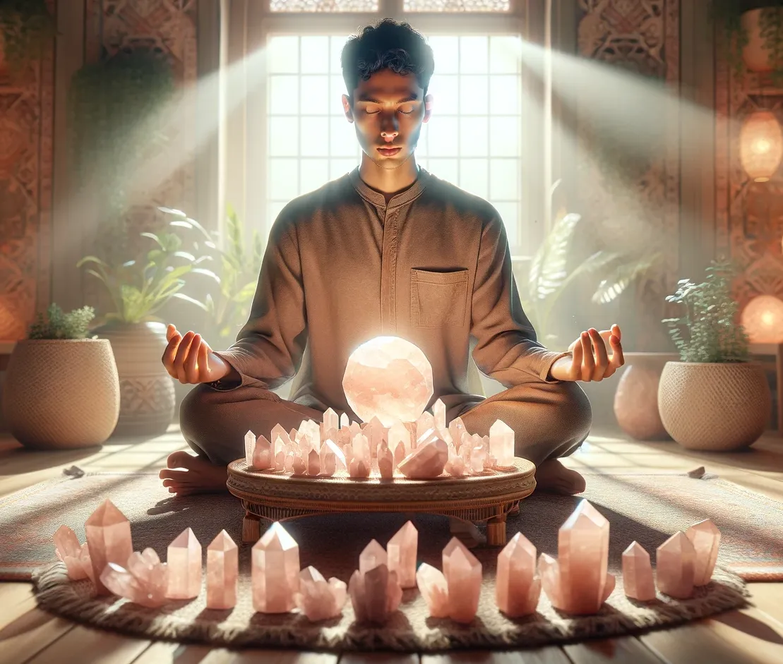 meditation with rose quartz crystals