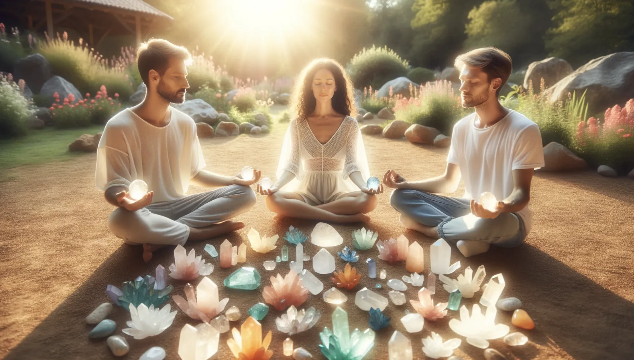 2 men and a female sat crosed legs meditating with crystals