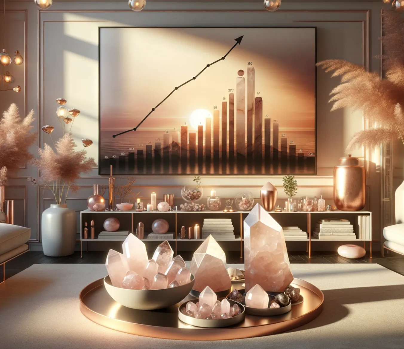 image showing a room filled with rose quartz and a bar chart on the wall depicting its increasing popularity