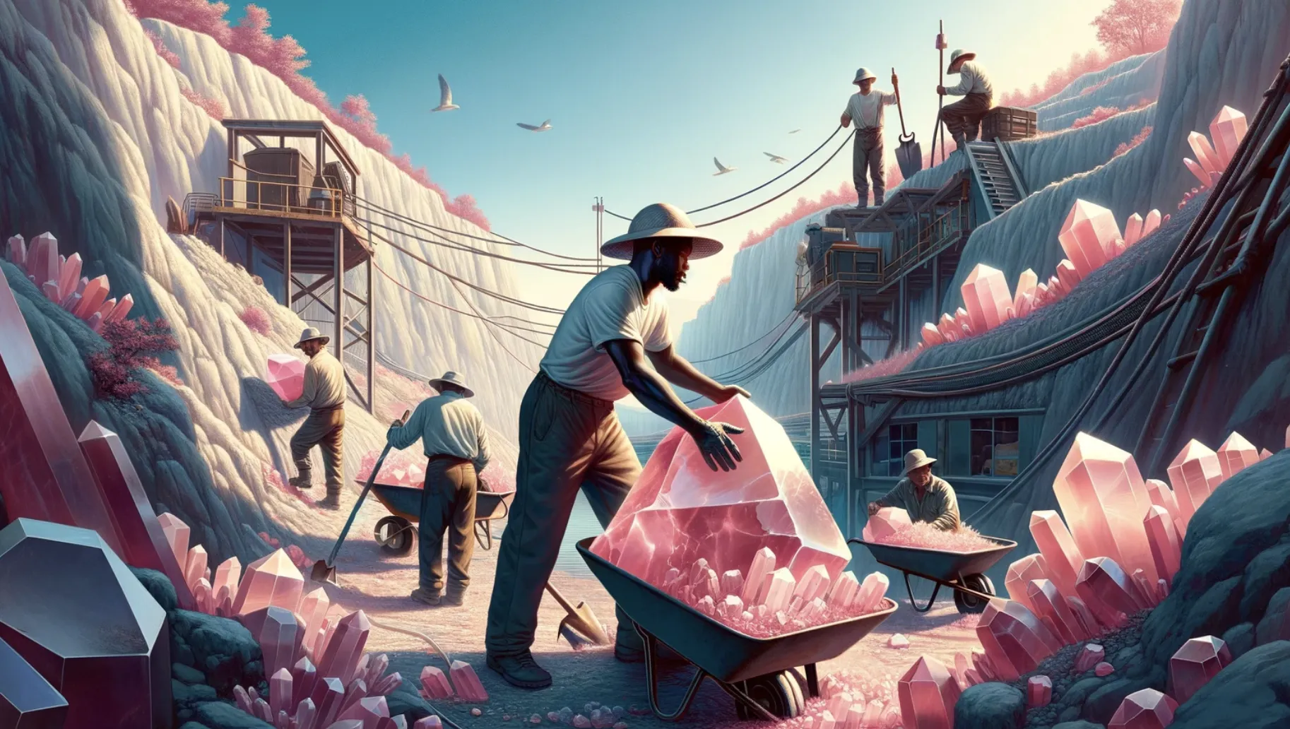 cartoonish image showing the mining of rose quartz crystals