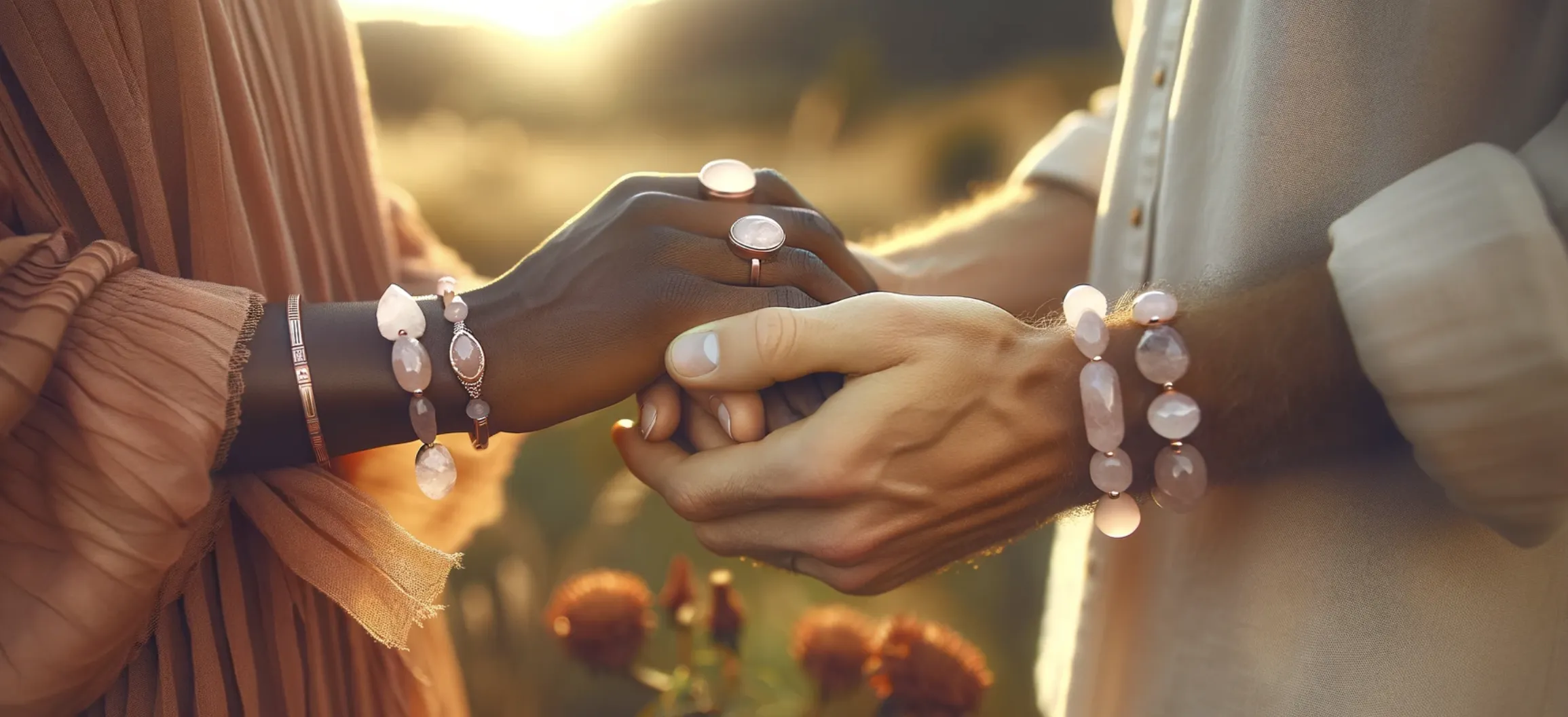 black and white person holding hands wearing rose quartz jewellery