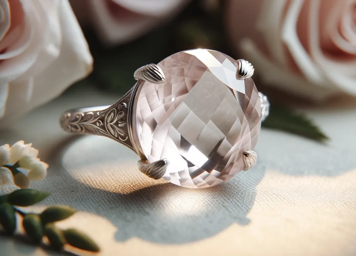 zoomed in photo of a rose quartz wedding ring