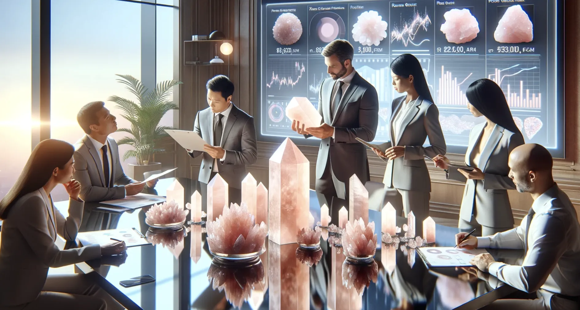 photo of people wearing suits with rose quartz crystals on an office desk