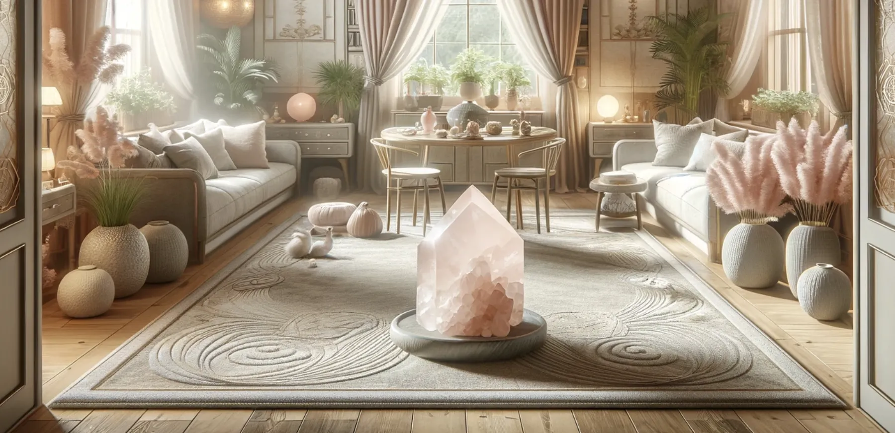 living room with rose quartz crystal