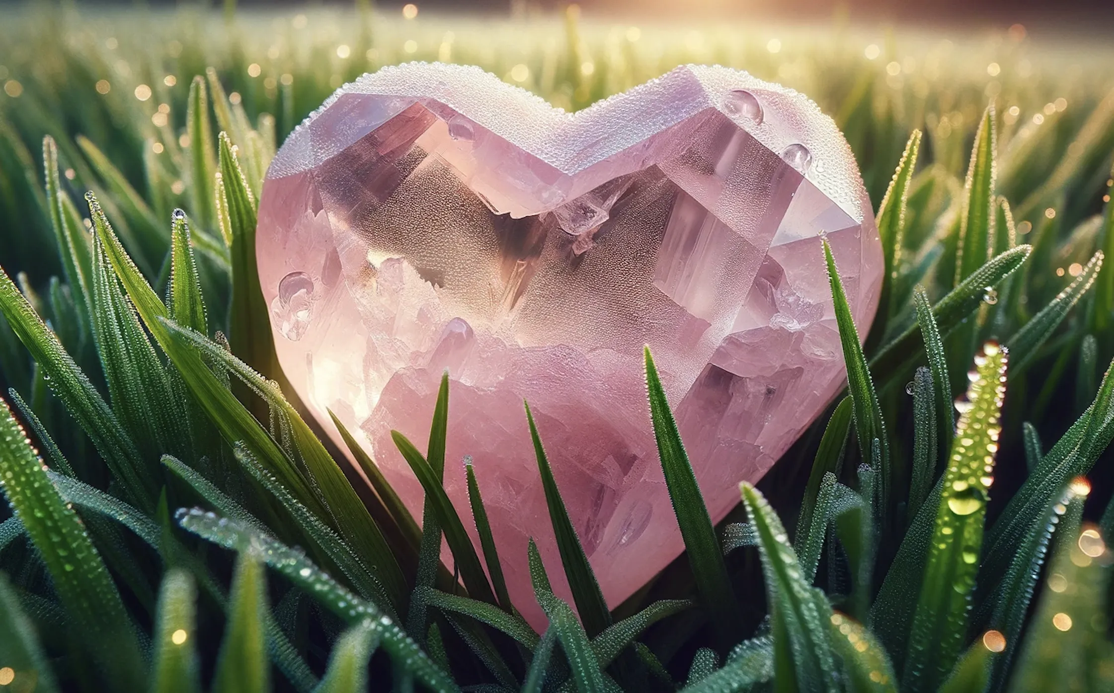 love heart shaped rose quartz crystal in grass