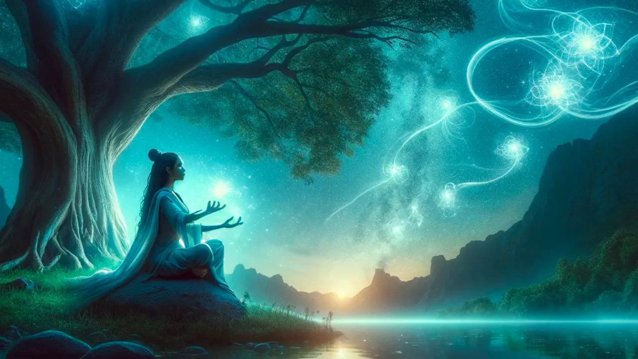 woman meditating showing light streaks signifying connecting with higher powers