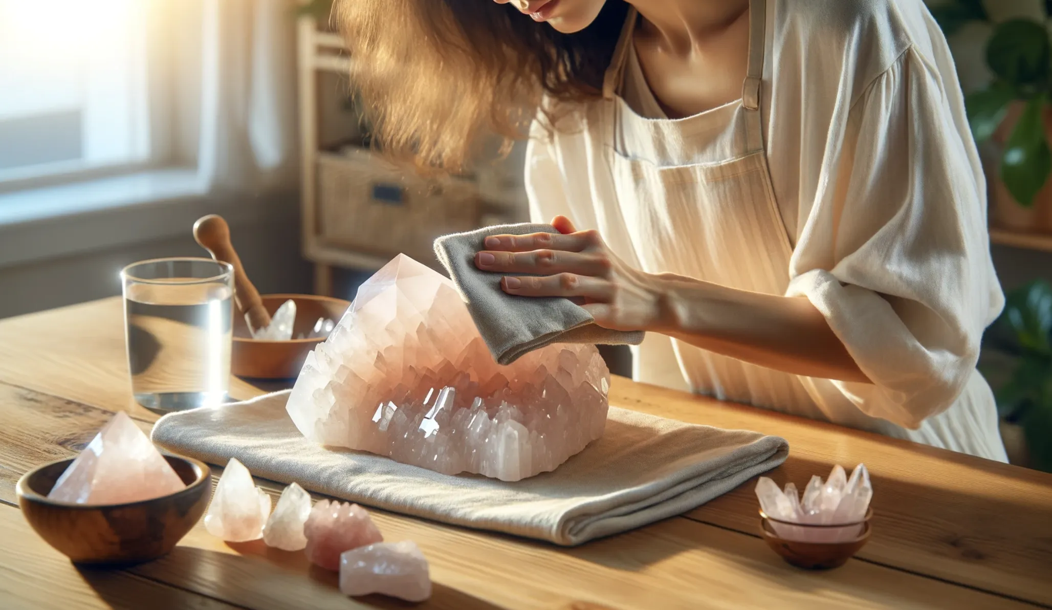 woman wiping down her rose quartz crystal with a cloth