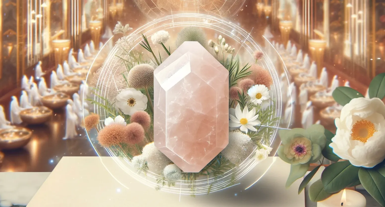 large chunk of rose quartz surrounded by flowers in a large church