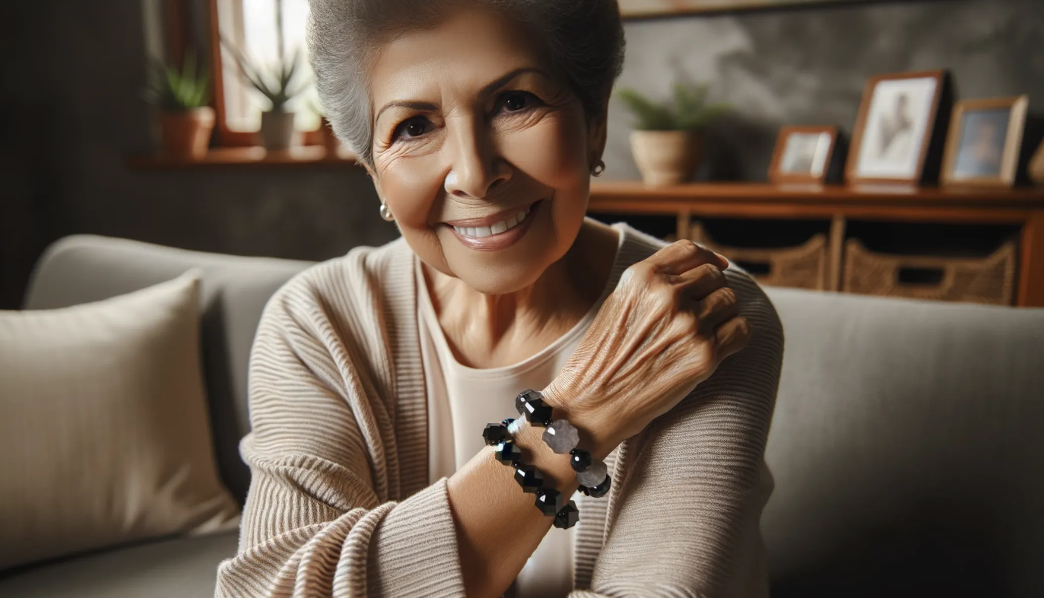 smiling woman wearing a black tourmaline bracelet