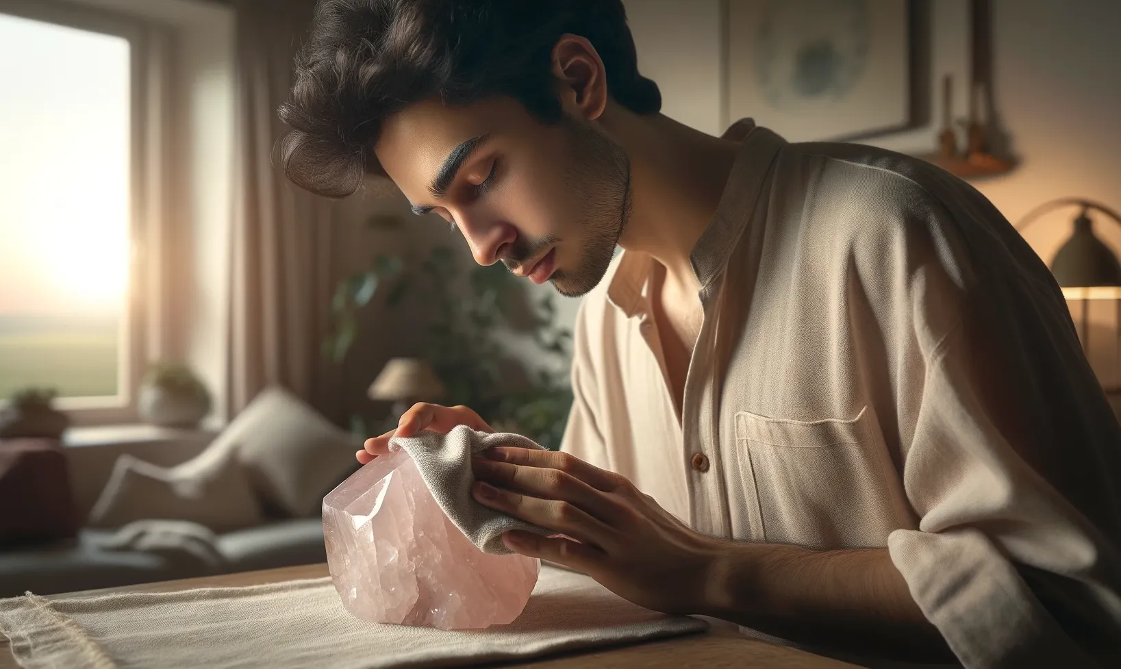 photo of a man cleaning rose quartz crystal with a damp cloth