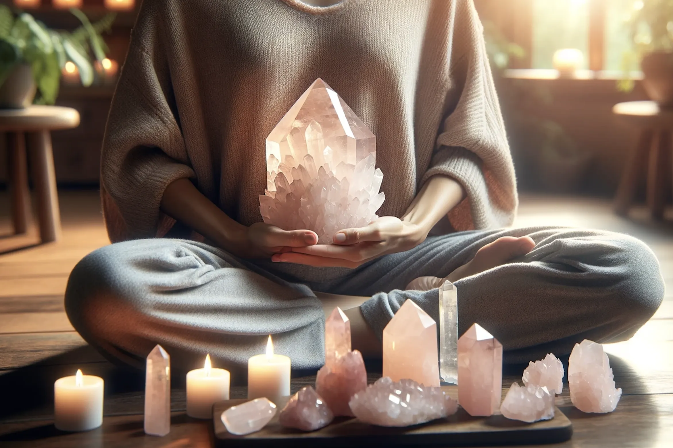 rose quartz crystal being held to aid meditation