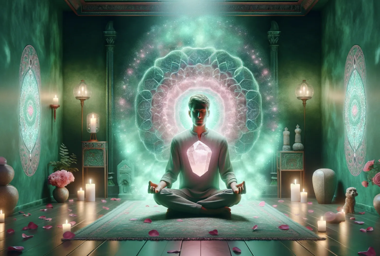 image of a person meditating with a rose quartz crystal in the center of their chest chakra