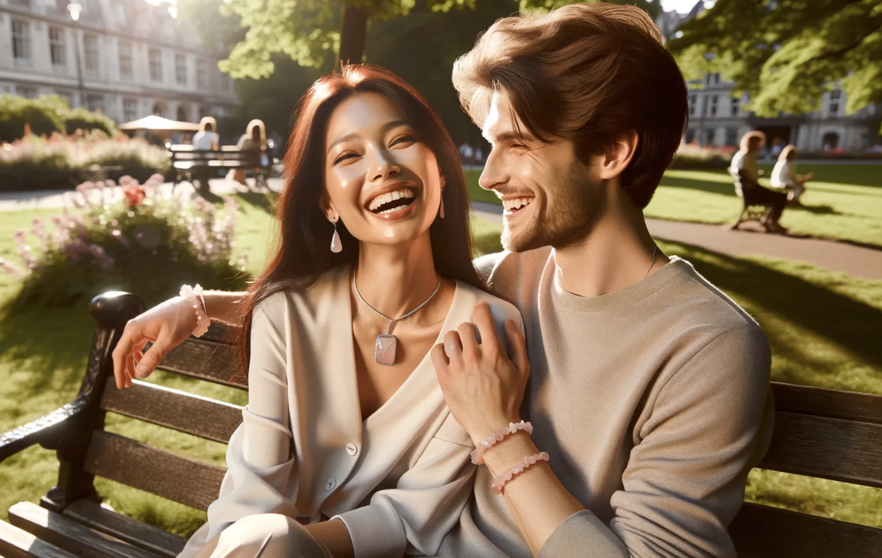 couple sat in a park with a woman wearing a rose quartz necklace and earrings