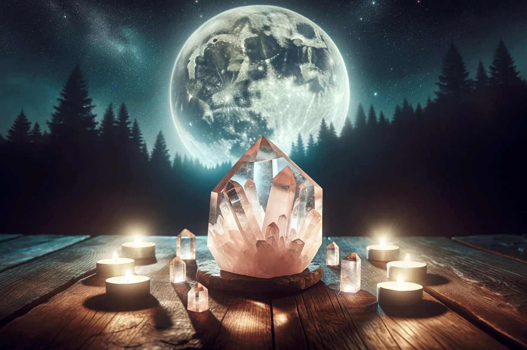 large full moon charging a rose quartz crystal