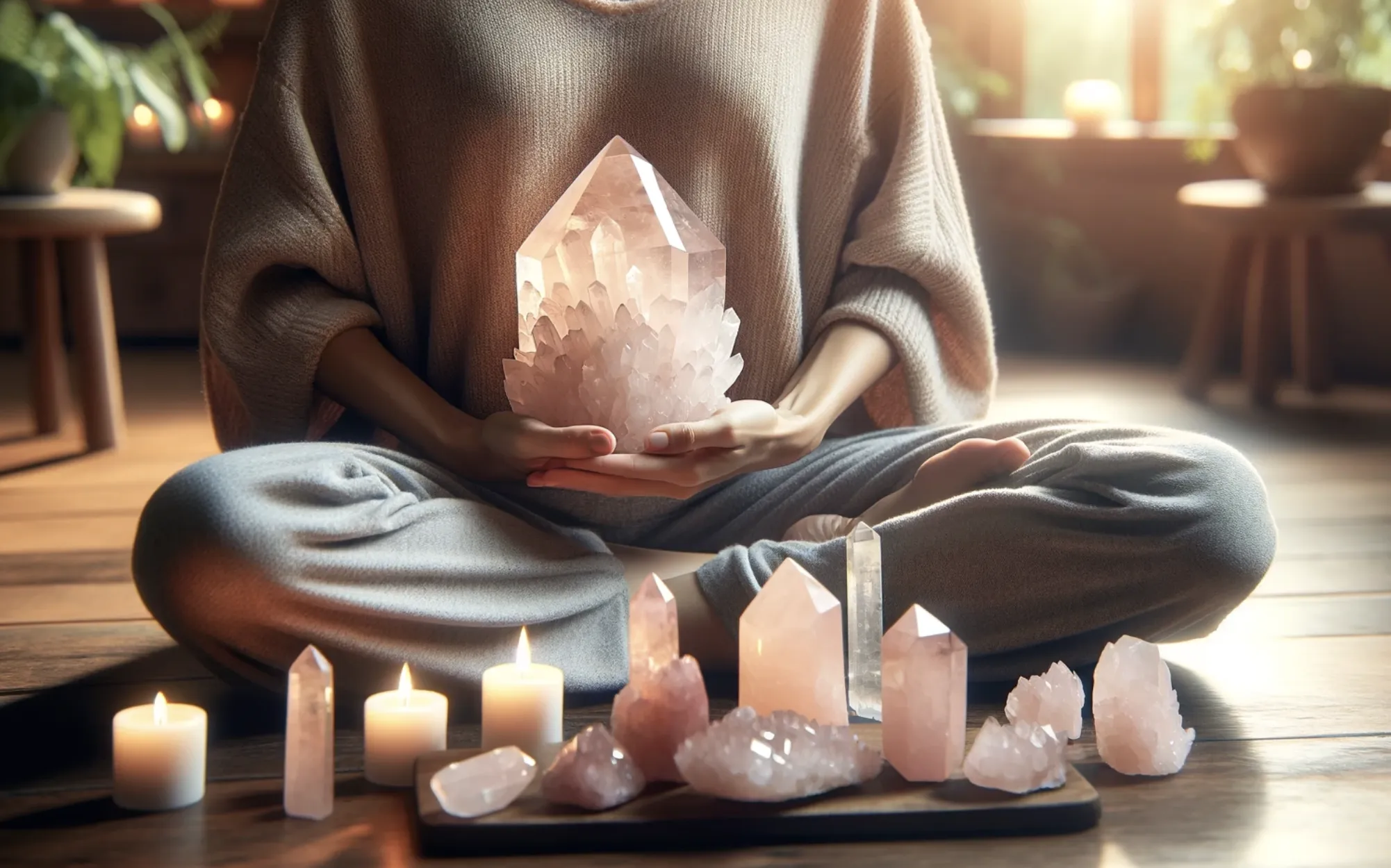 person holding a large rose quartz crystals whilst sat crossed legged