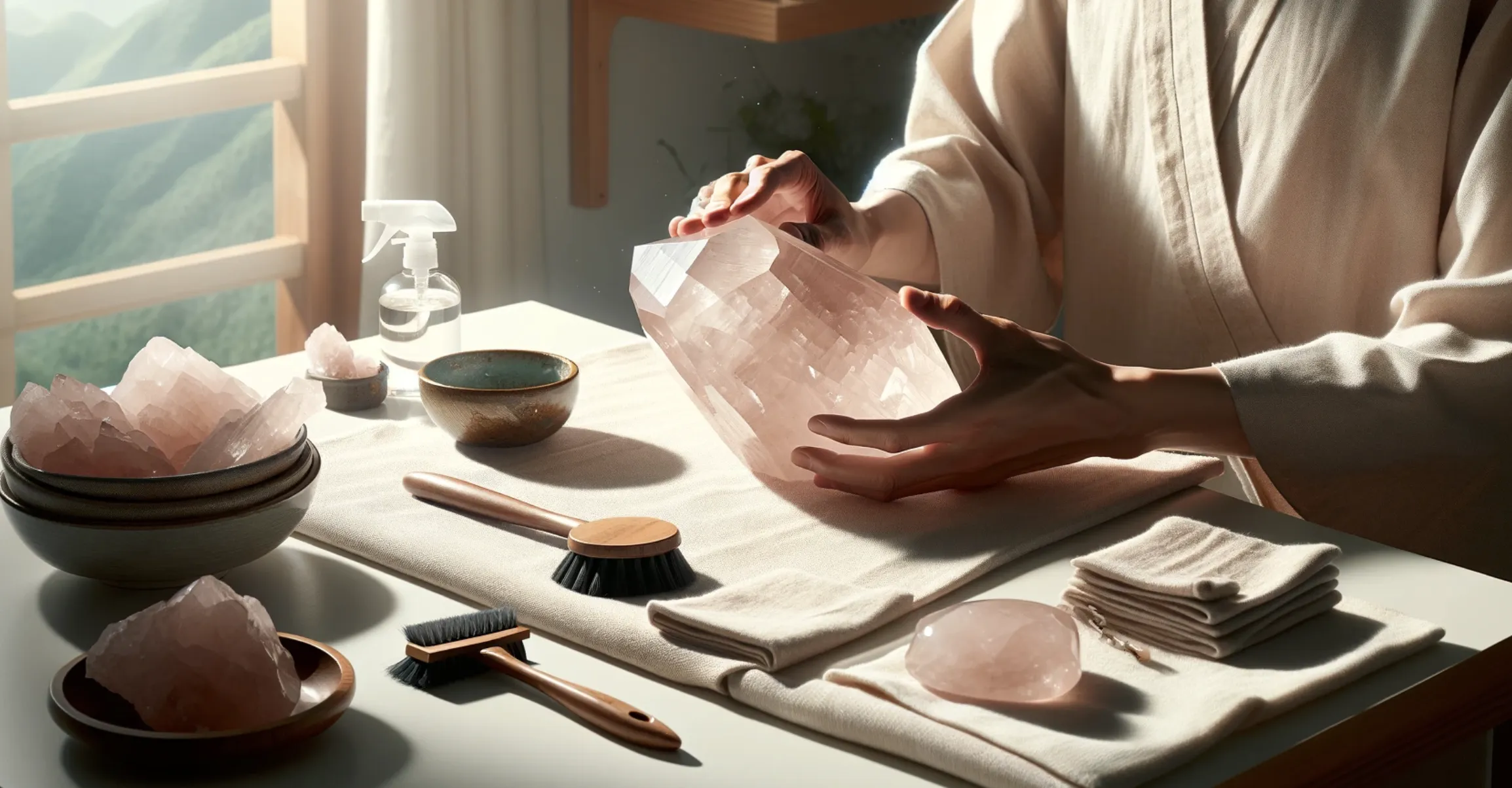 wide photo of somebody cleaning their rose quartz crystal