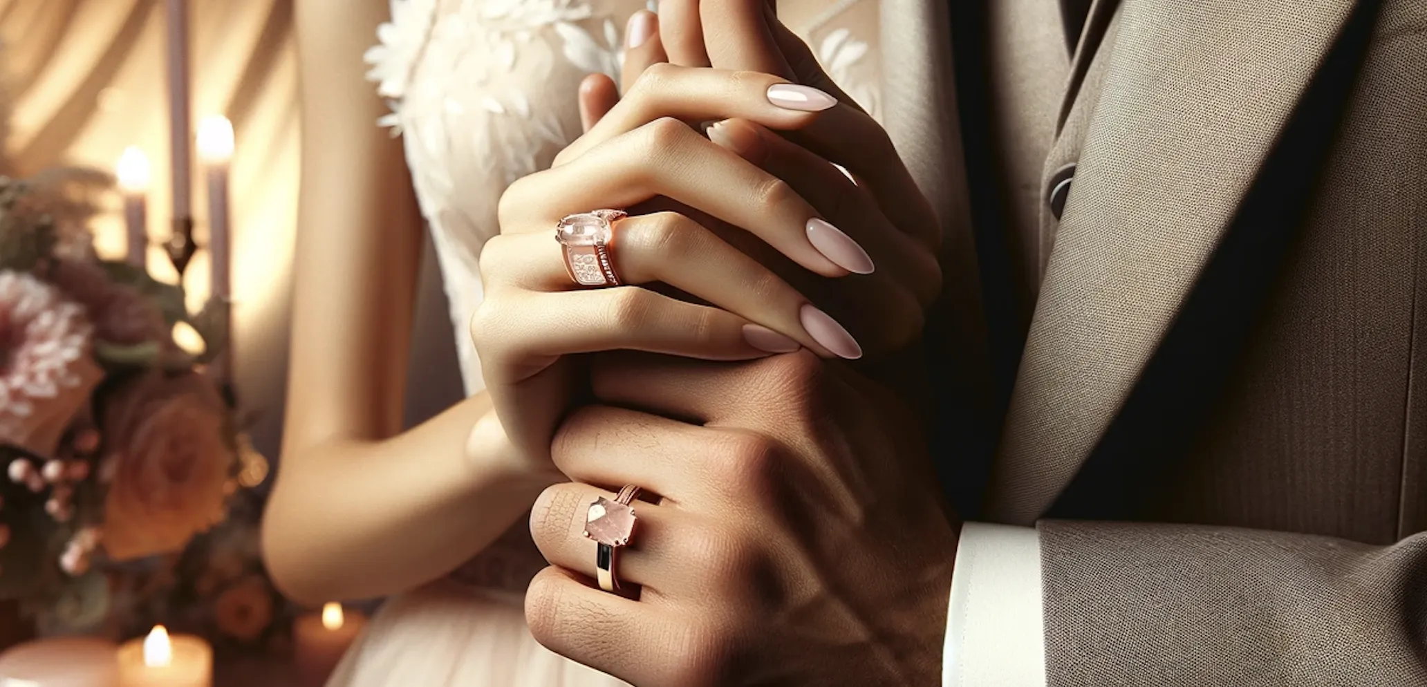 married couple holding hands both wearing rose quartz crystal rings