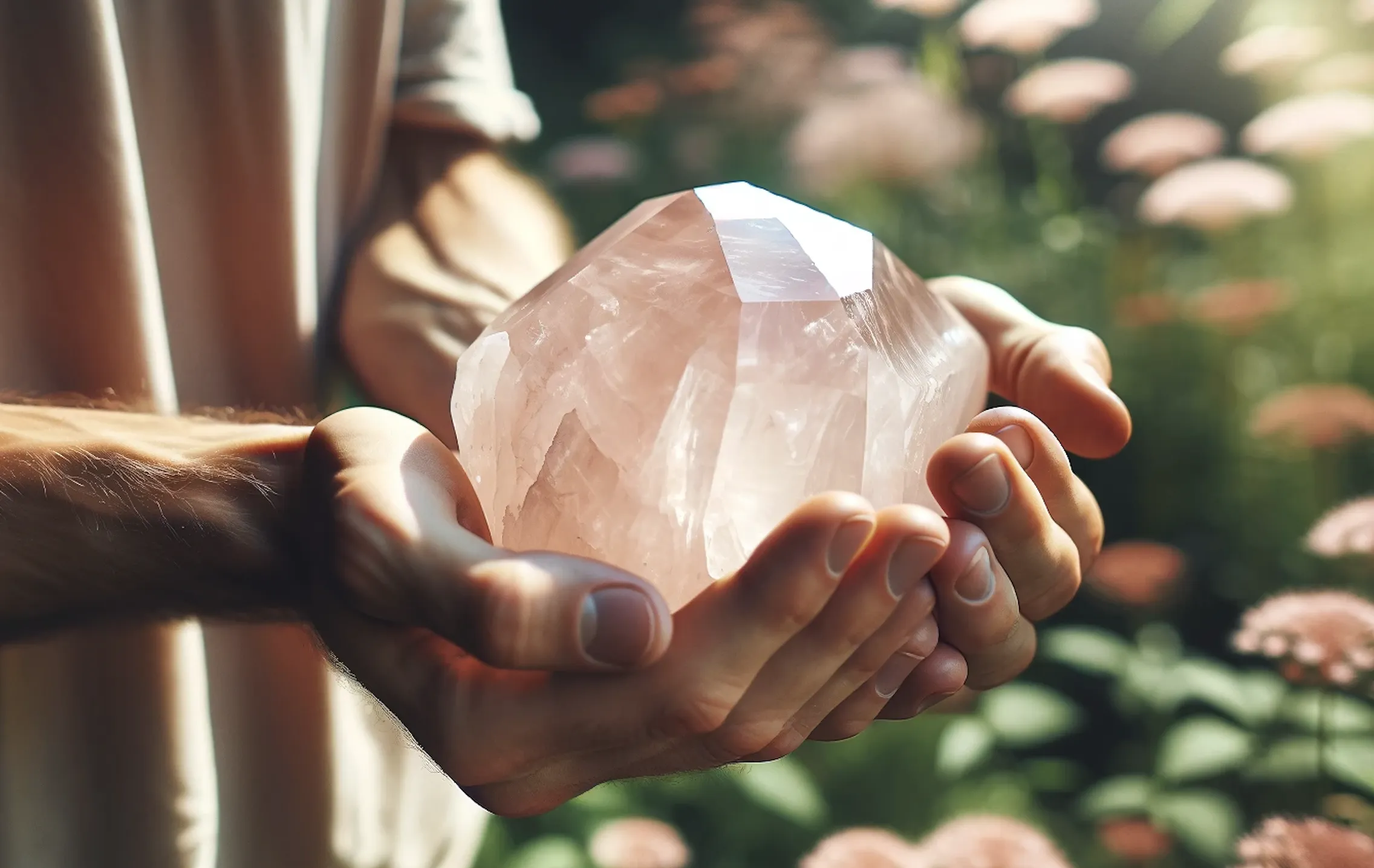 man holding a large rose quartz crystal