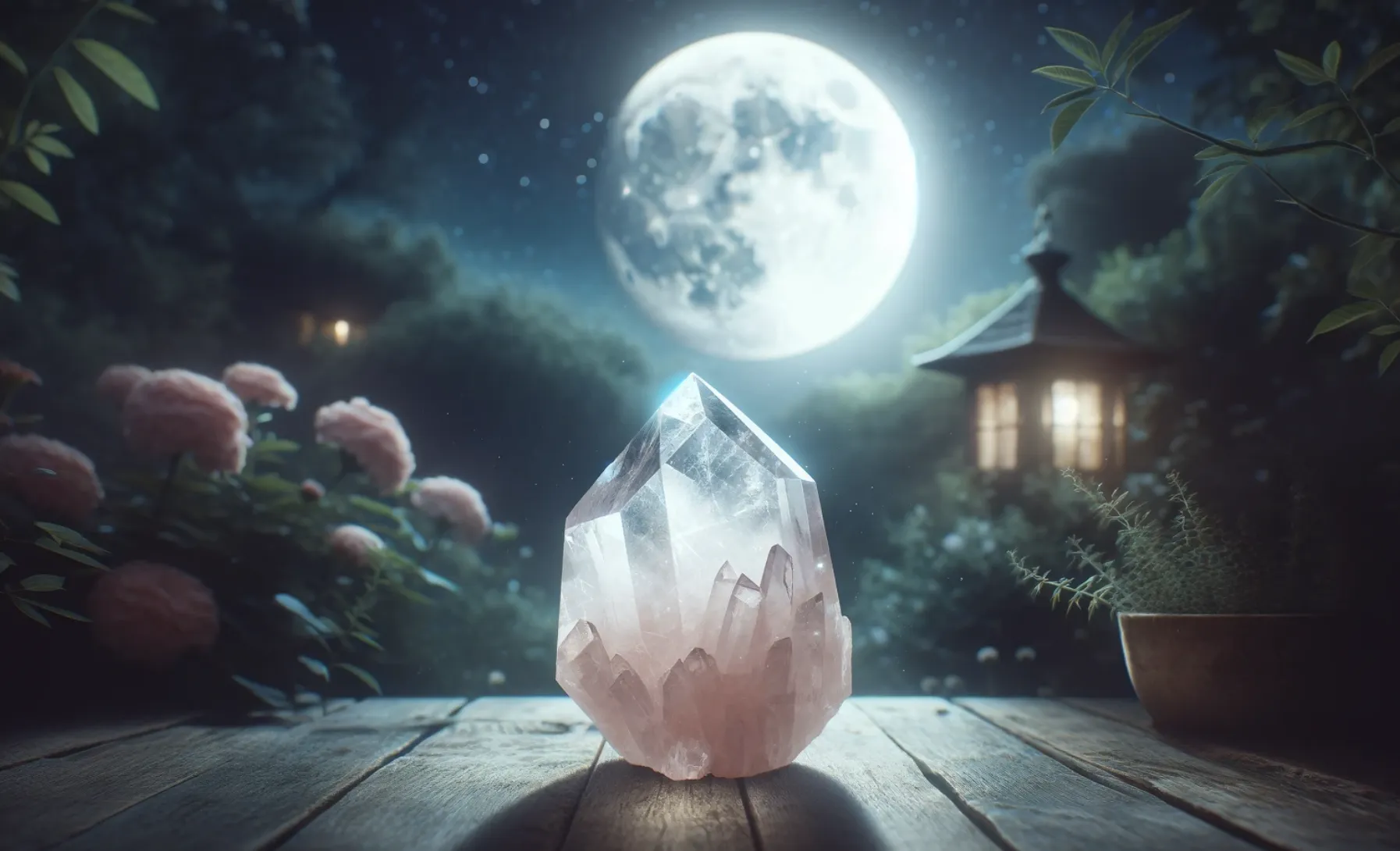 rose quartz crystal being charged under a full moon