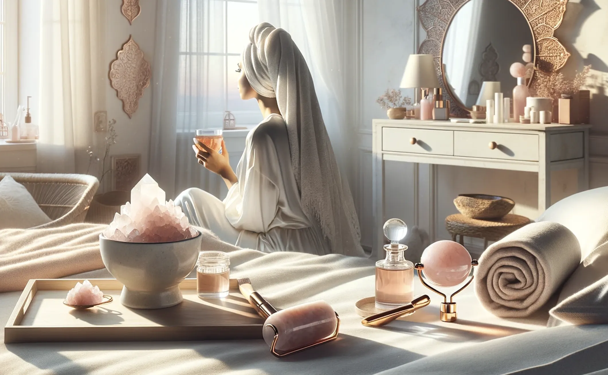 woman holding a cup of tea with numerous rose quartz items lay on the bed