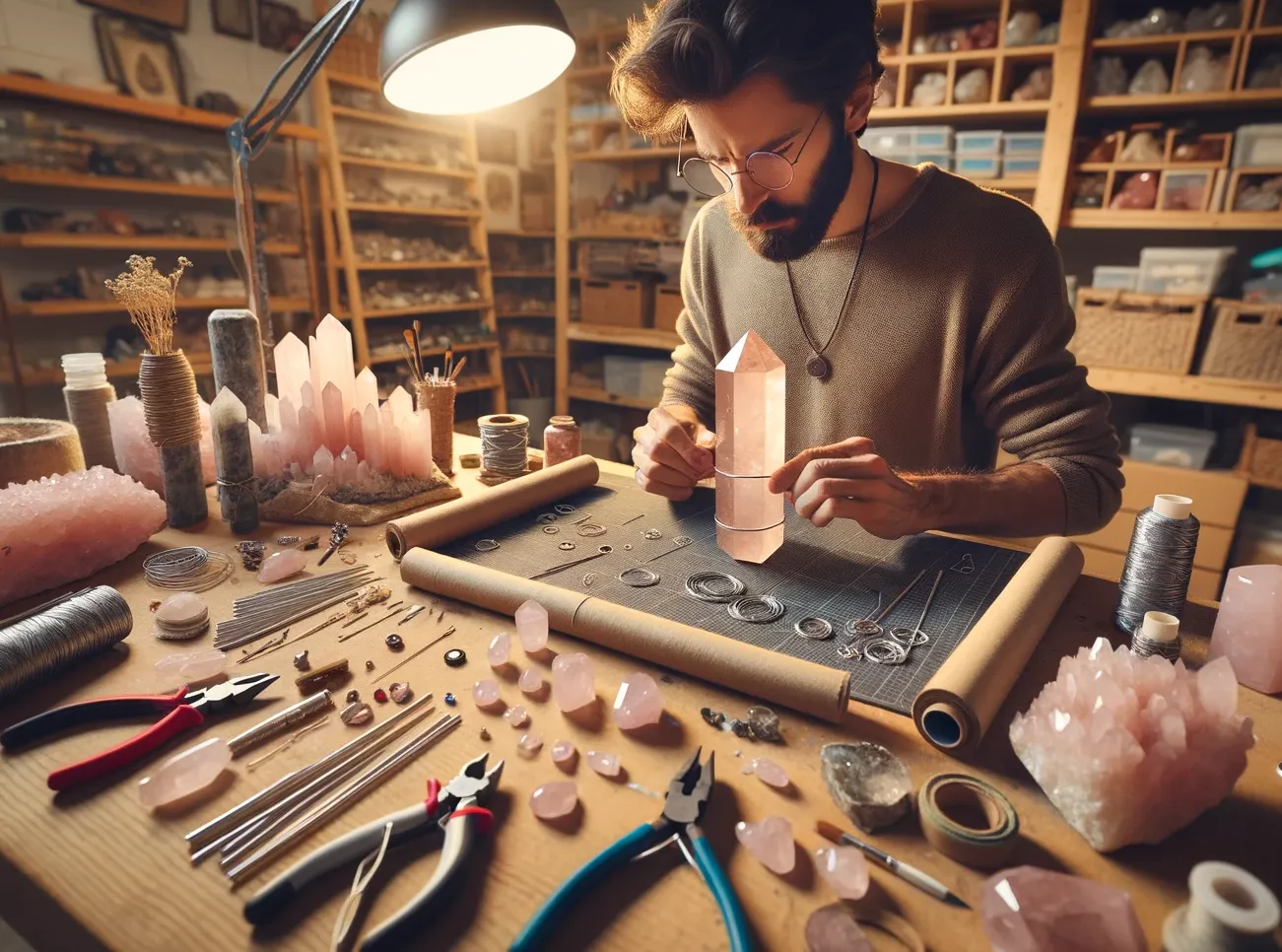 man in workshop making DIY items using Rose Quartz Crystals