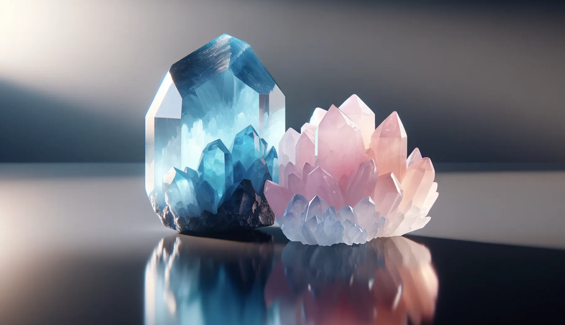photo of a blue rose quartz and rose quartz crystal side by side