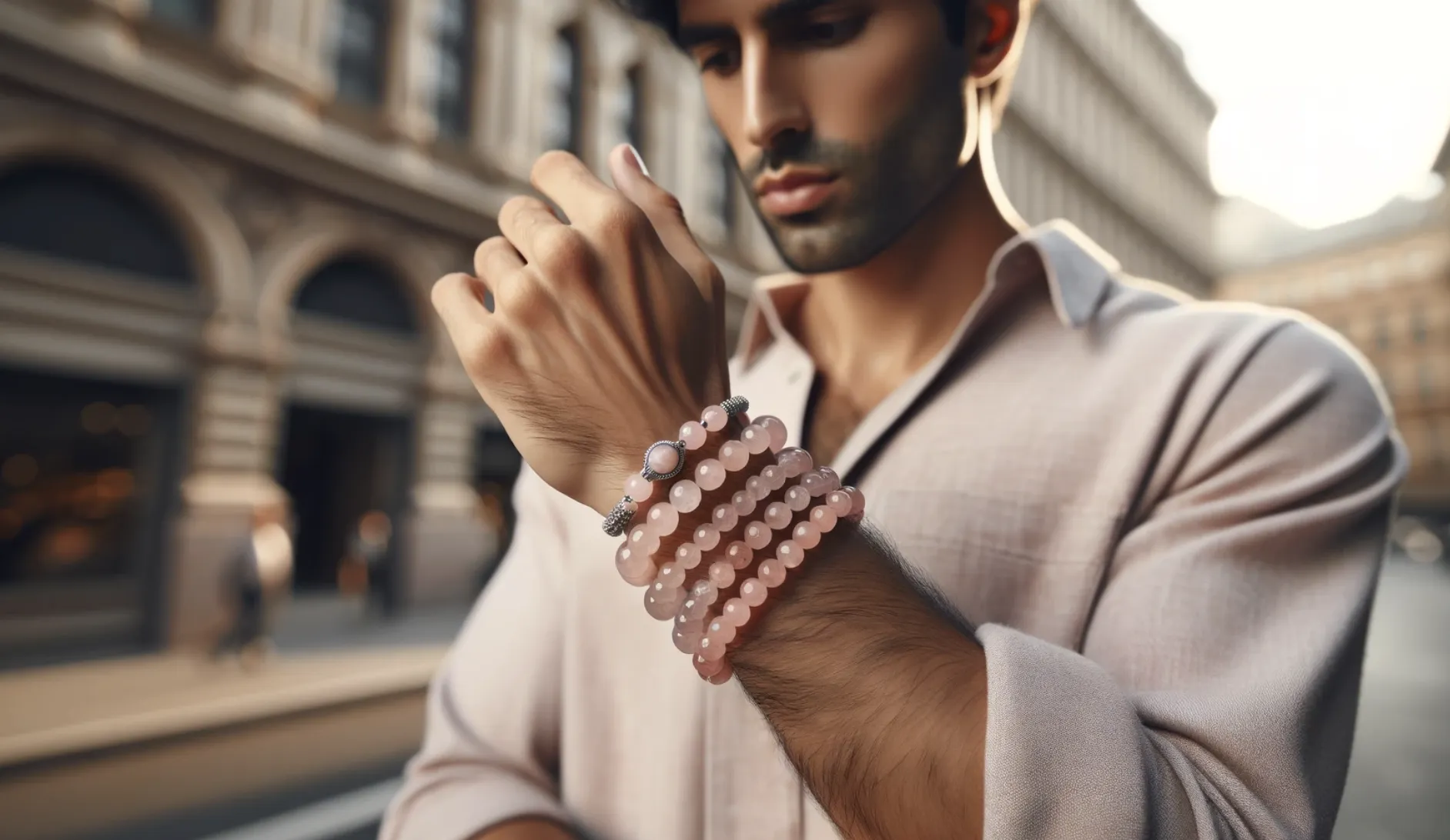 man wearing 5 rose quartz beaded bracelets 