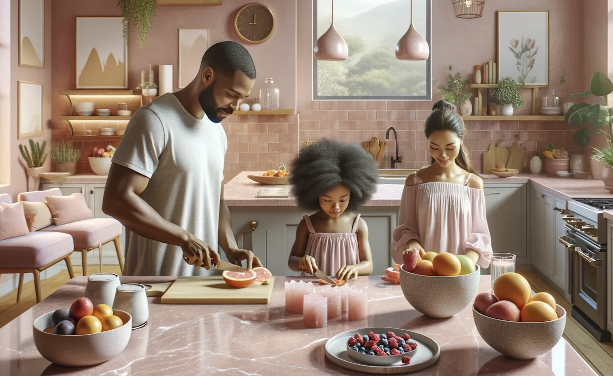 photo showing a family using a kitchen and multiple rose quartz items