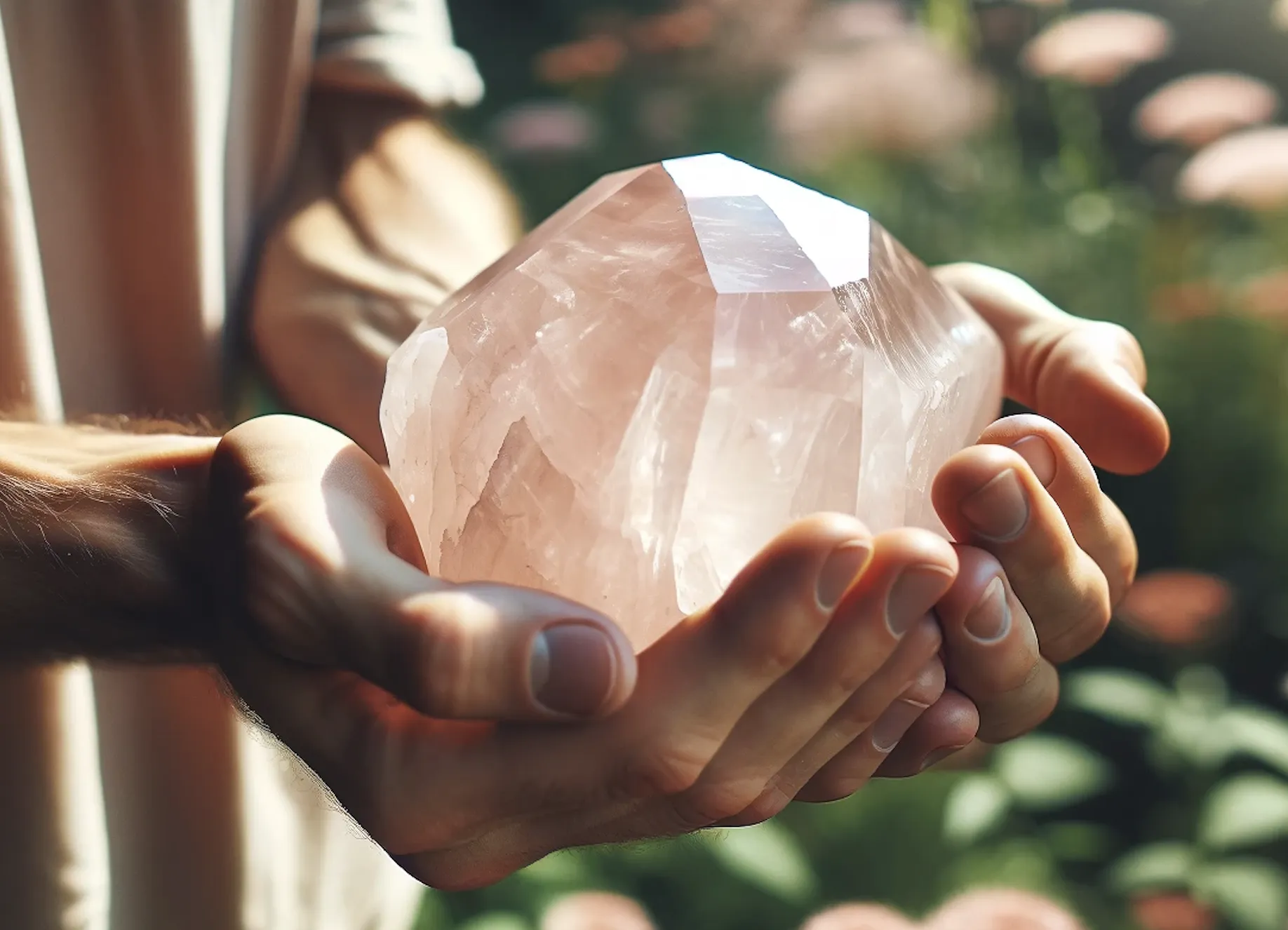 holding a very large piece of rose quartz crystal