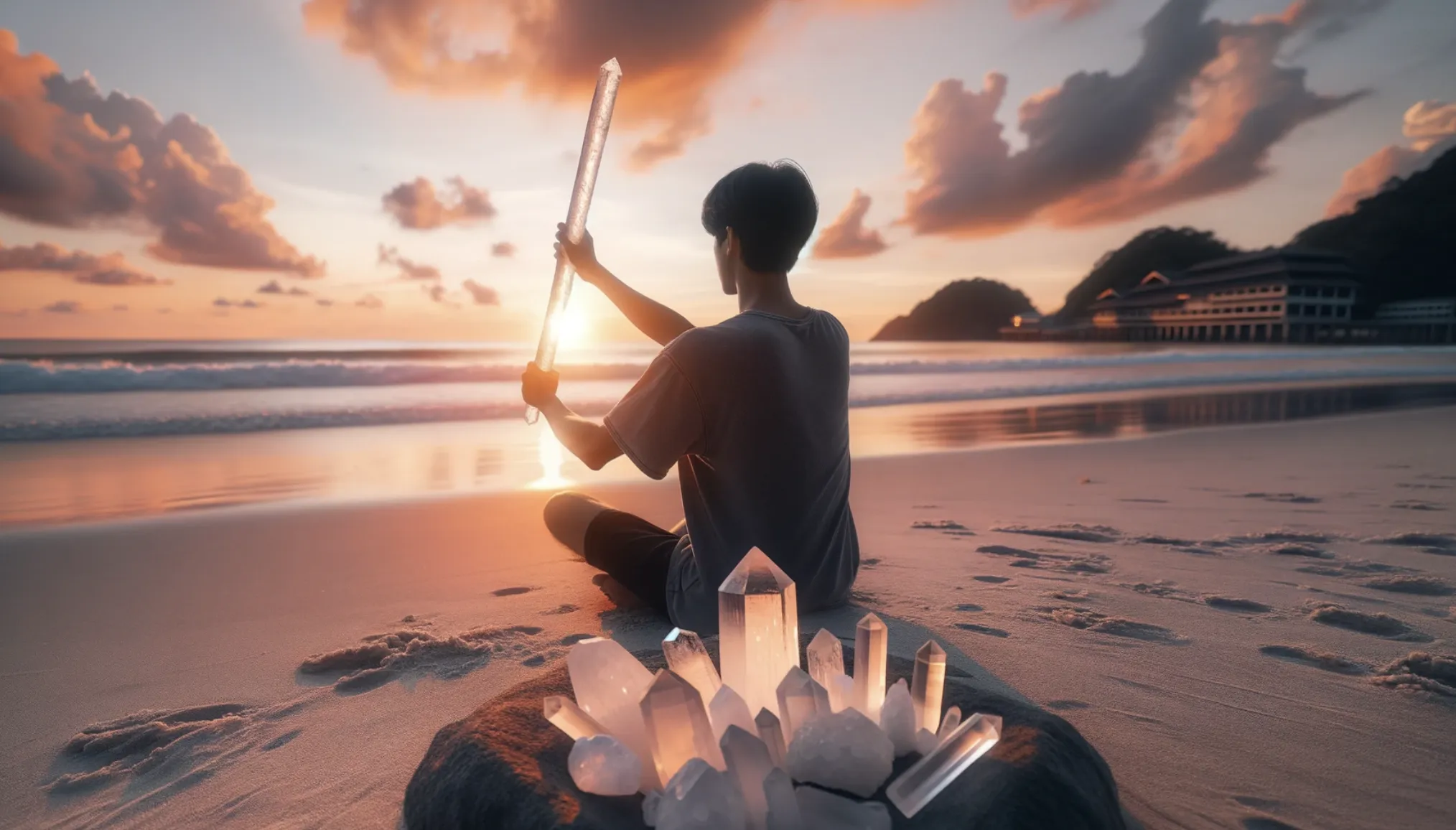 person sat on a beach meditating with a large crystal