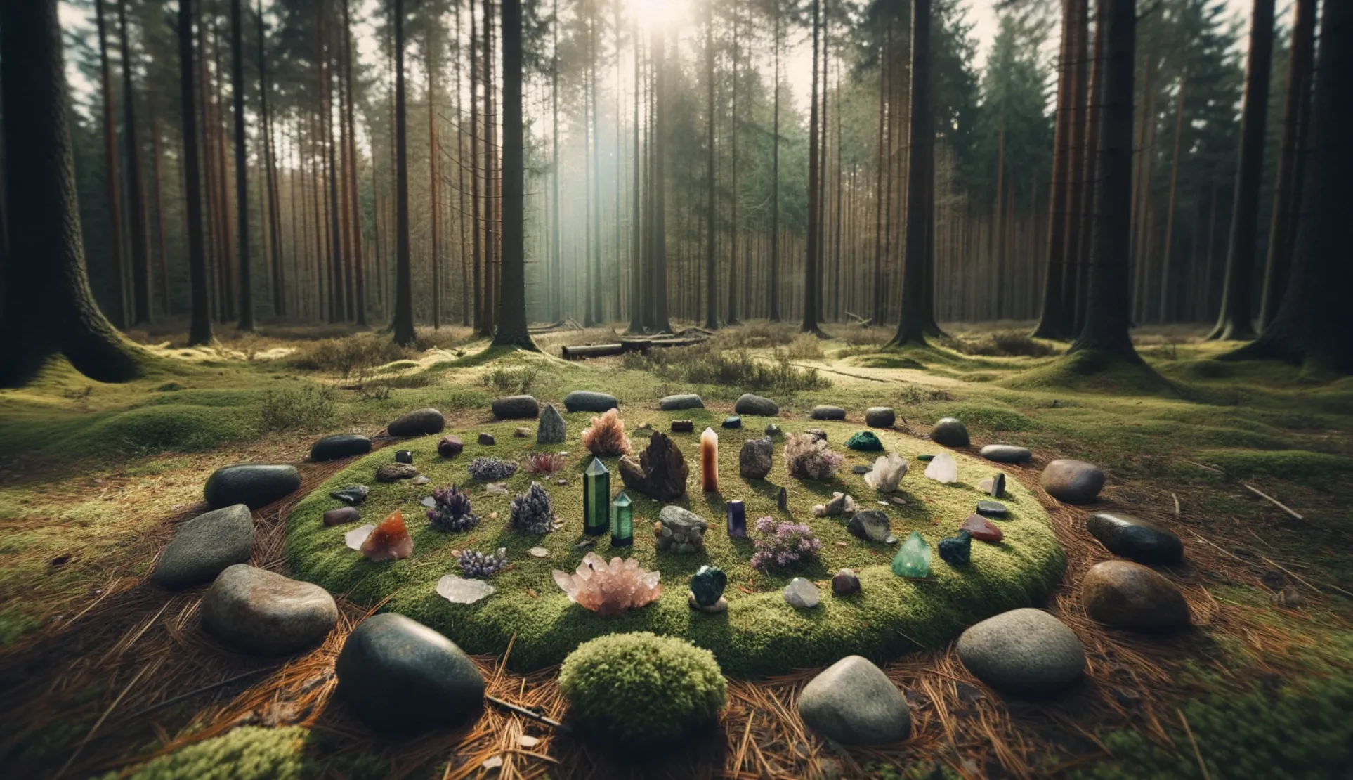 crystals placed on the floor in a forest