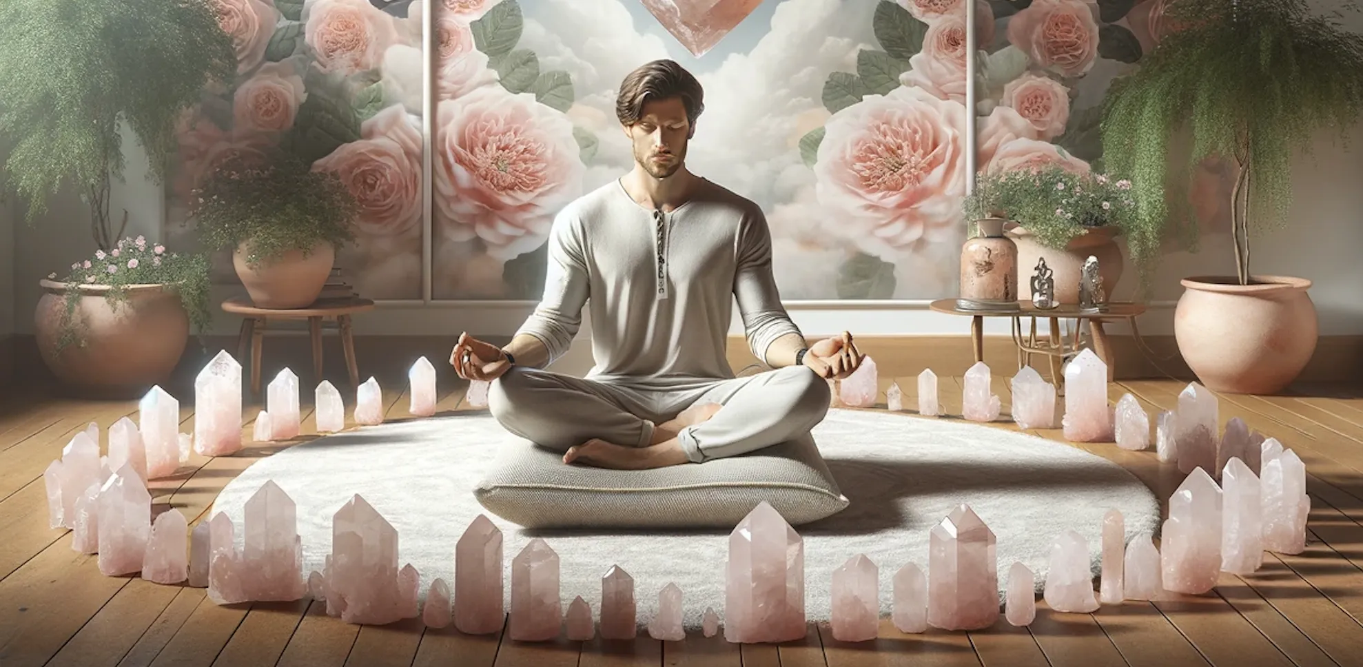 meditating surrounded by rose quartz crystals