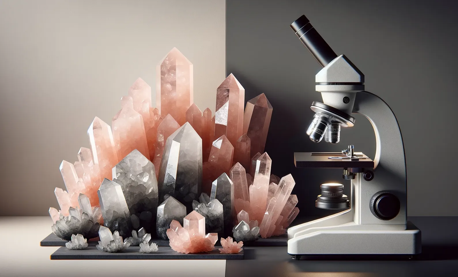 photo of rose quartz next to a scientific microscope