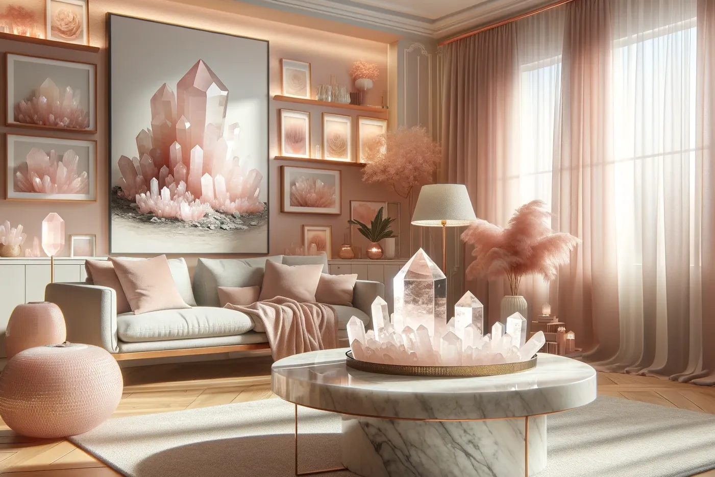 rose quartz items being used in a living room