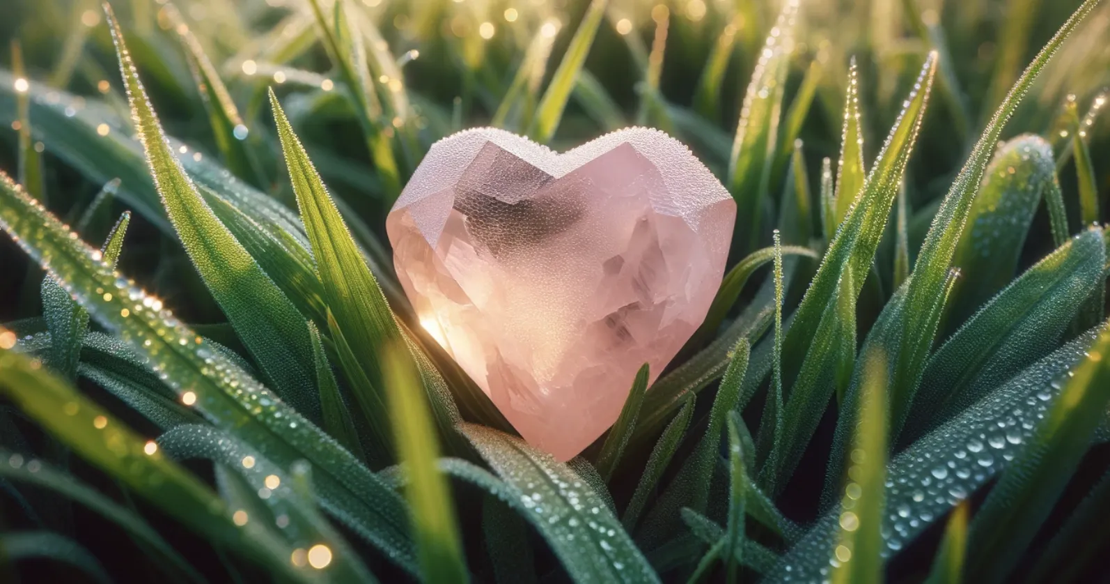 photo of a heart shaped rose quartz crystal resting on top of green grass with morning dew